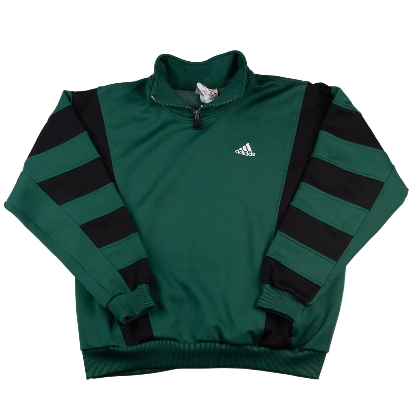 Green and black Adidas sweatshirt with a quarter zip on a white background