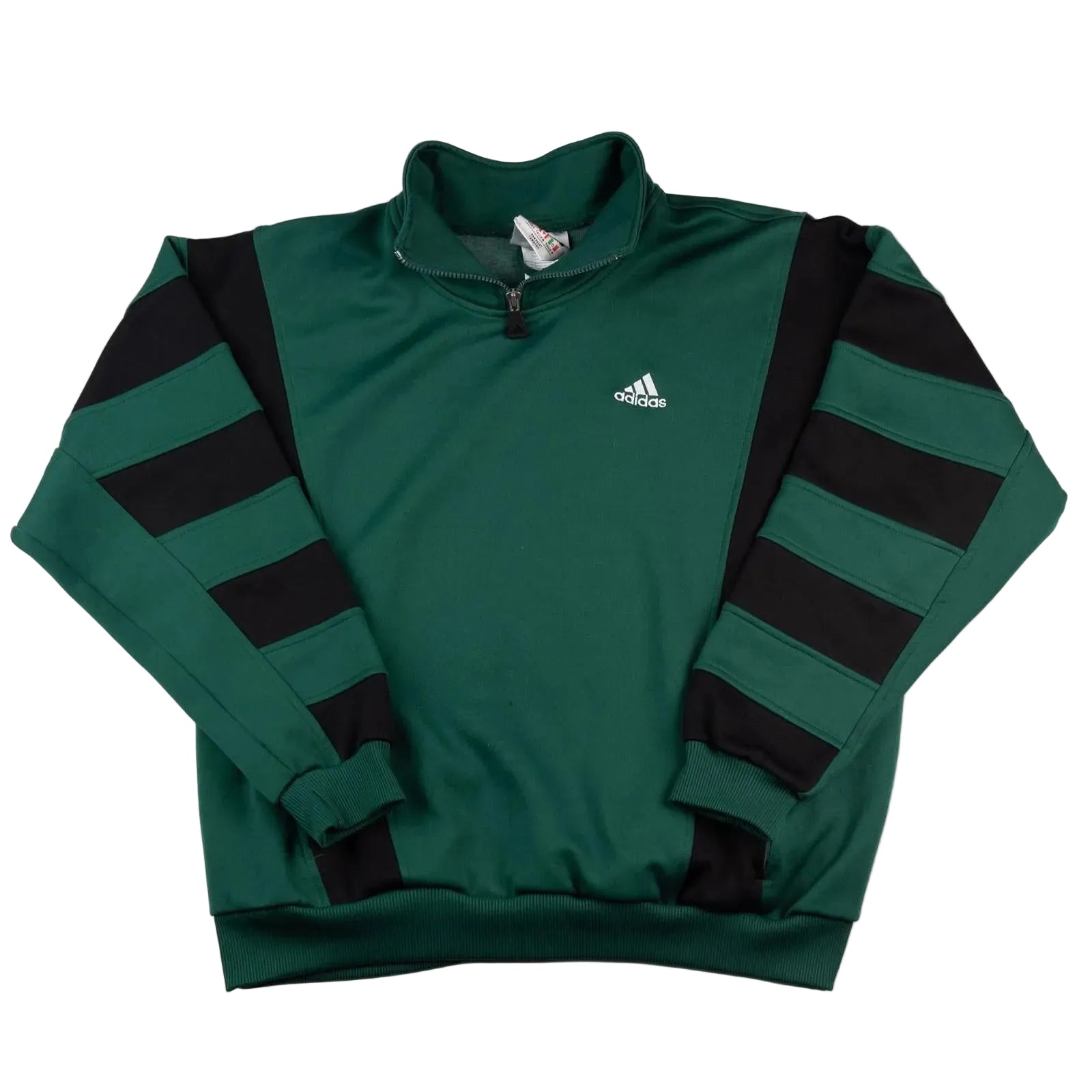Green and black Adidas sweatshirt with a quarter zip on a white background