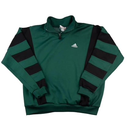 Green and black Adidas sweatshirt with a quarter zip on a white background