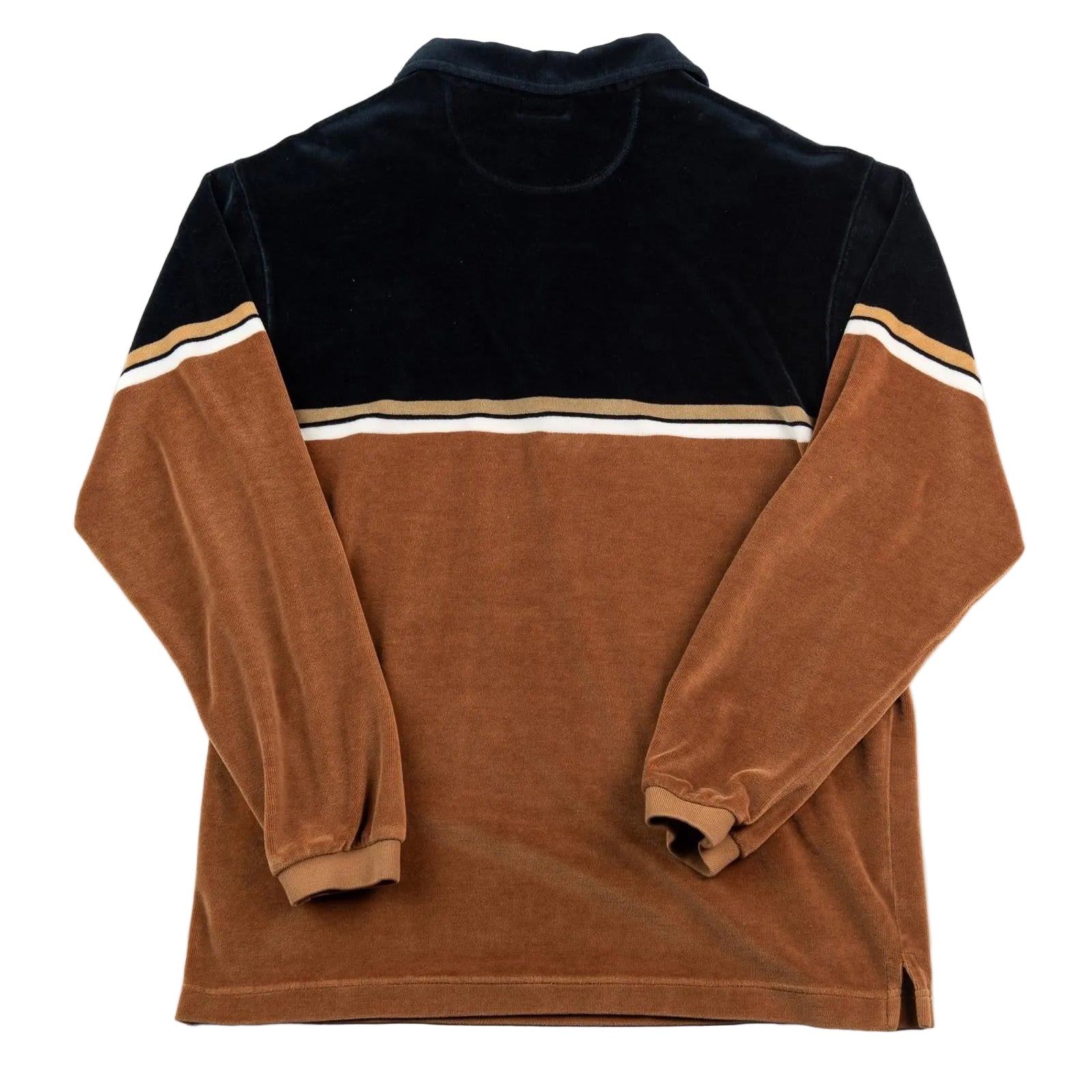 Brown and black fleece pullover with white stripes on a white background