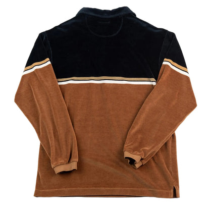 Brown and black fleece pullover with white stripes on a white background