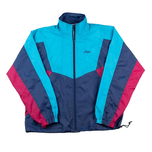 Colorful jacket with blue, pink, and navy design on a white background