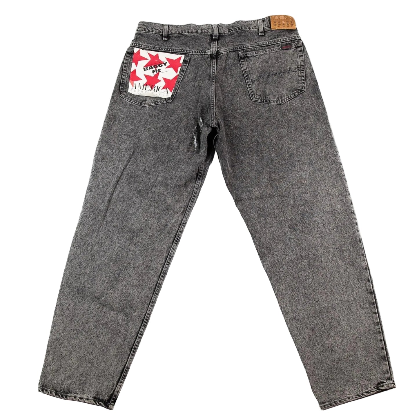 Gray jeans with a brand logo on the pocket against a white background
