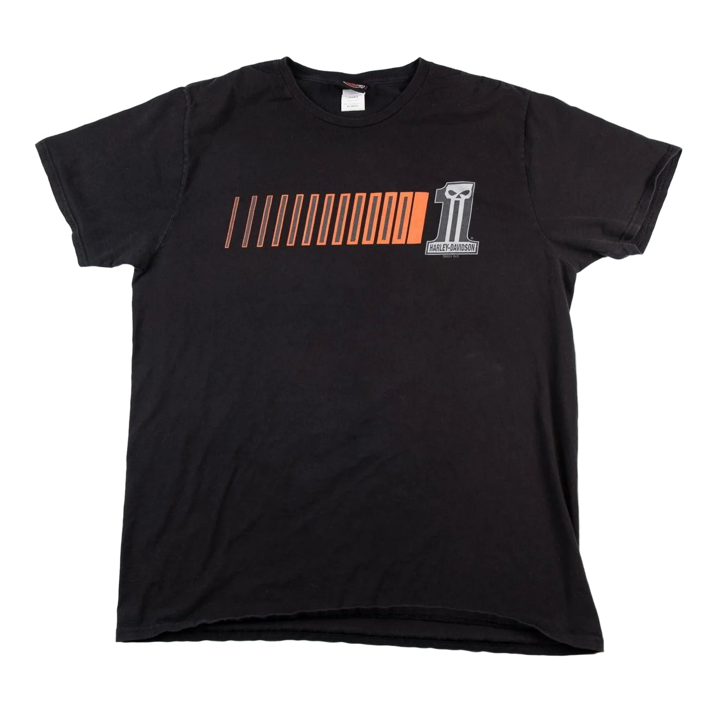 Black t-shirt with orange and white graphic design on a white background