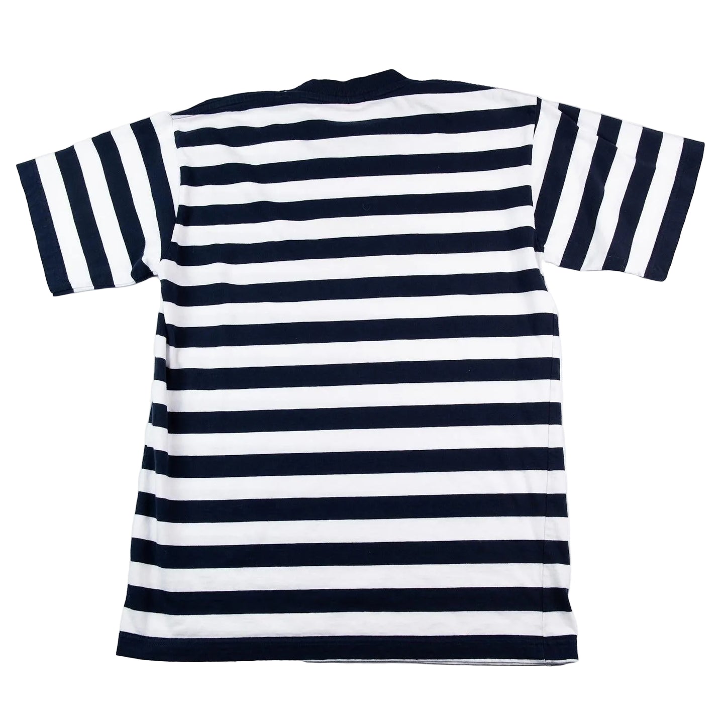 Navy and white striped t-shirt on a white background