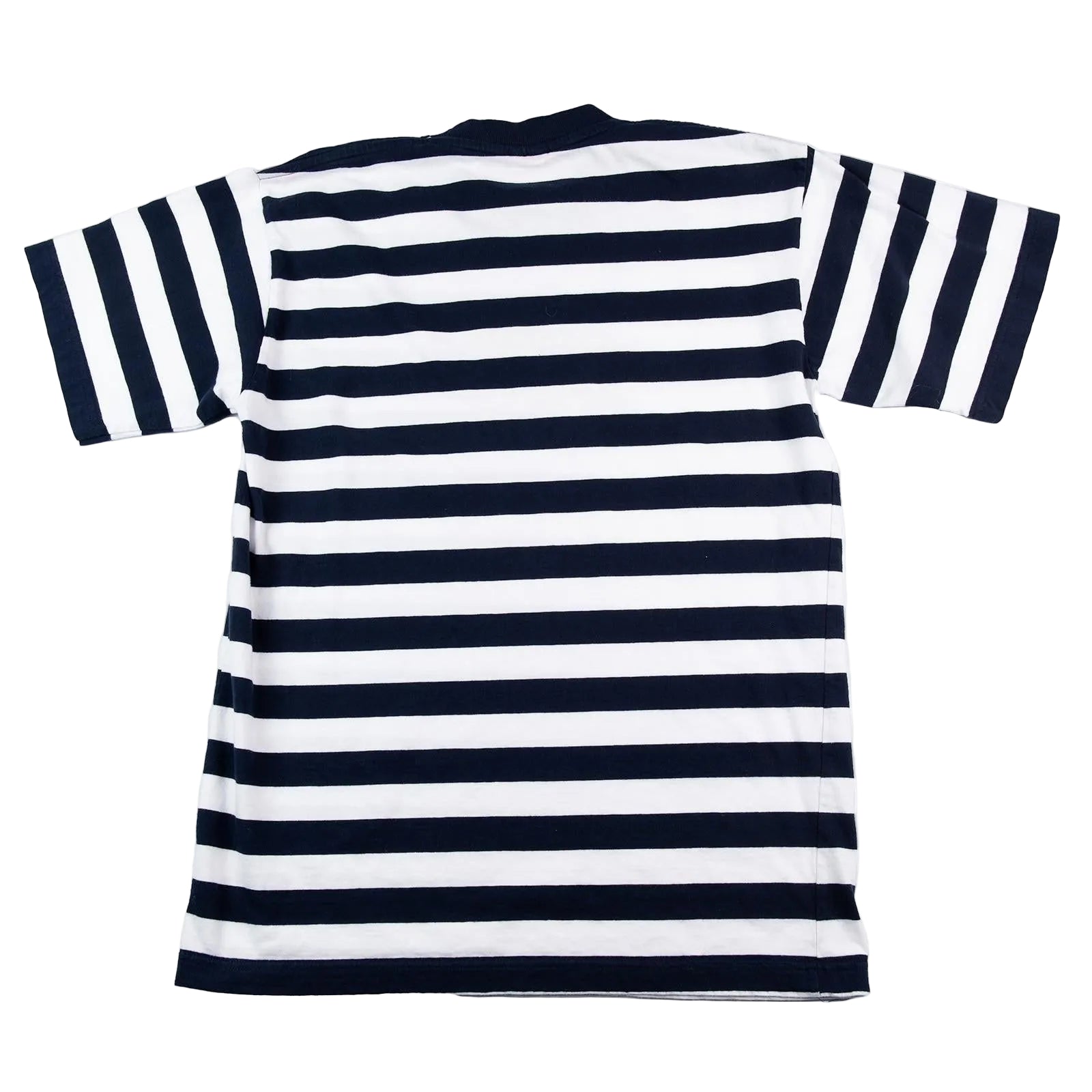 Navy and white striped t-shirt on a white background