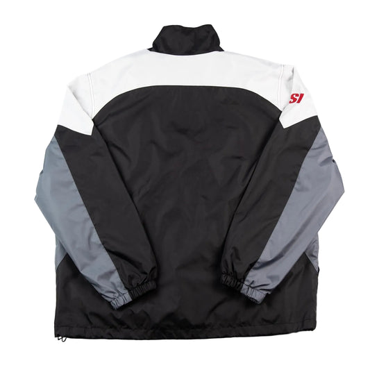 Black, gray, and white jacket with a logo on a white background