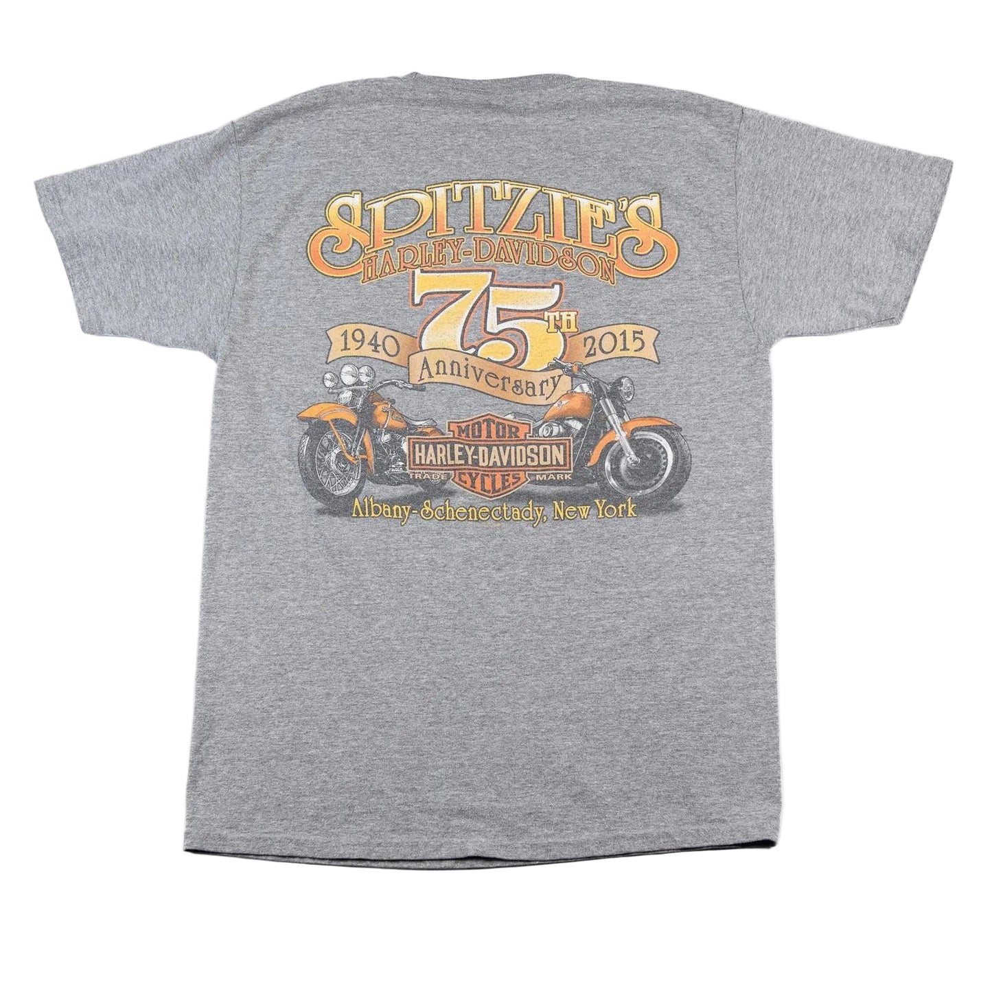 Gray t-shirt with Harley-Davidson graphic and text on a white background
