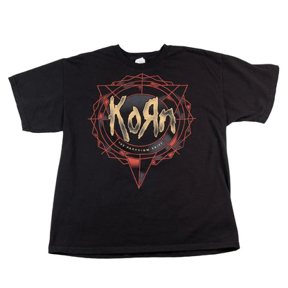 Black t-shirt with Korn logo on a white background