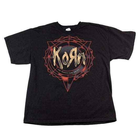 Black t-shirt with Korn logo on a white background