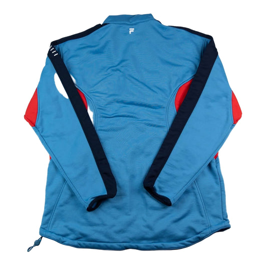 Blue jacket with red inner lining and black accents on a white background