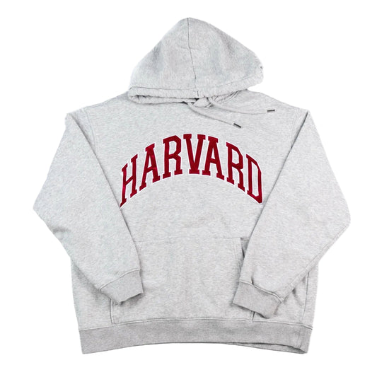 Gray hoodie with 'Harvard' printed in red on a white background
