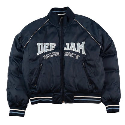 Navy blue jacket with 'Def Jam University' text on a white background