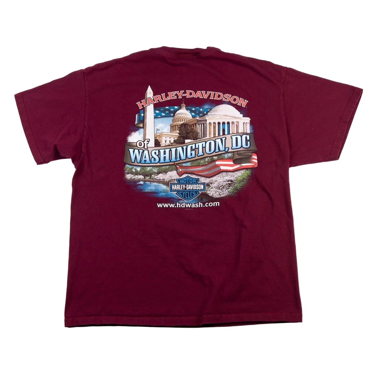 Maroon t-shirt with Washington DC landmarks and Harley-Davidson branding on a white background