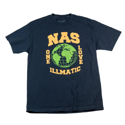 Navy blue t-shirt with 'NAS One Love Illmatic' graphic design on a white background
