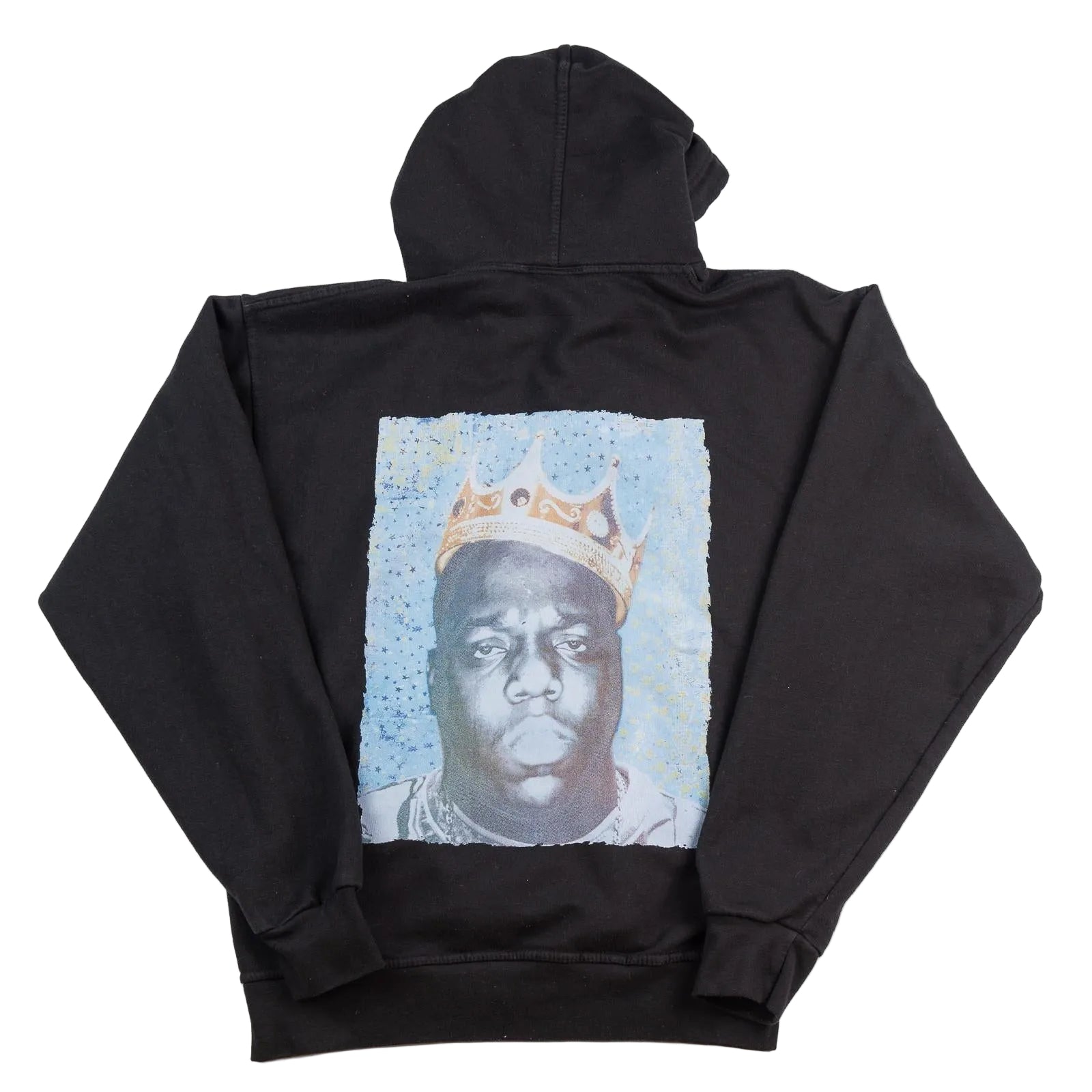 Black hoodie with a graphic of a person wearing a crown on the back, displayed against a white background.
