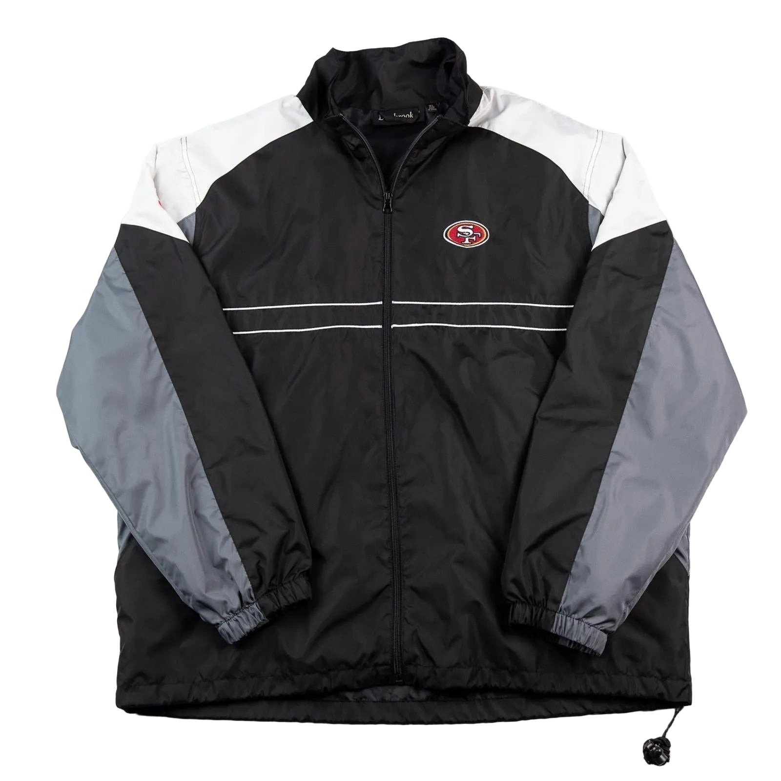 Black jacket with gray sleeves and a logo on a white background