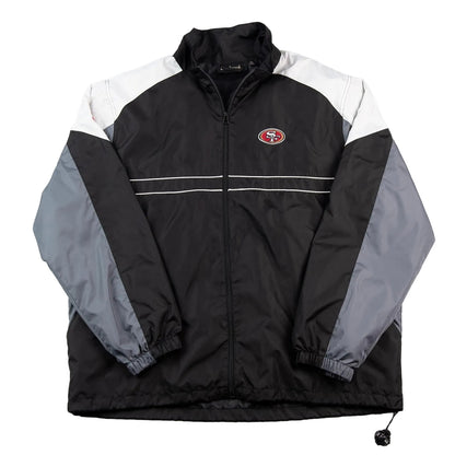 Black jacket with gray sleeves and a logo on a white background