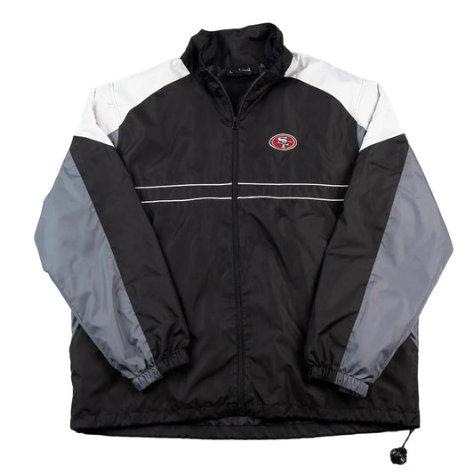 Black jacket with gray sleeves and a logo on a white background