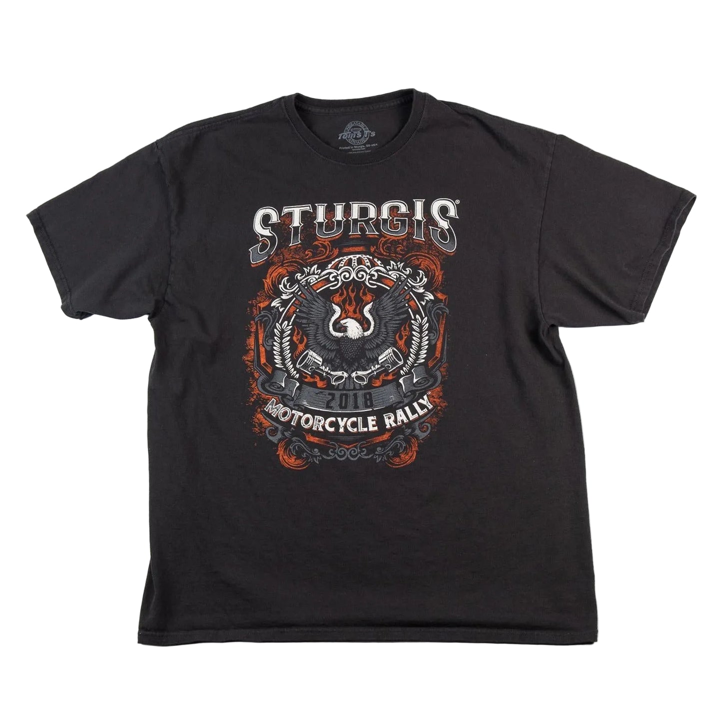 Black t-shirt with Sturgis Motorcycle Rally graphic on a white background