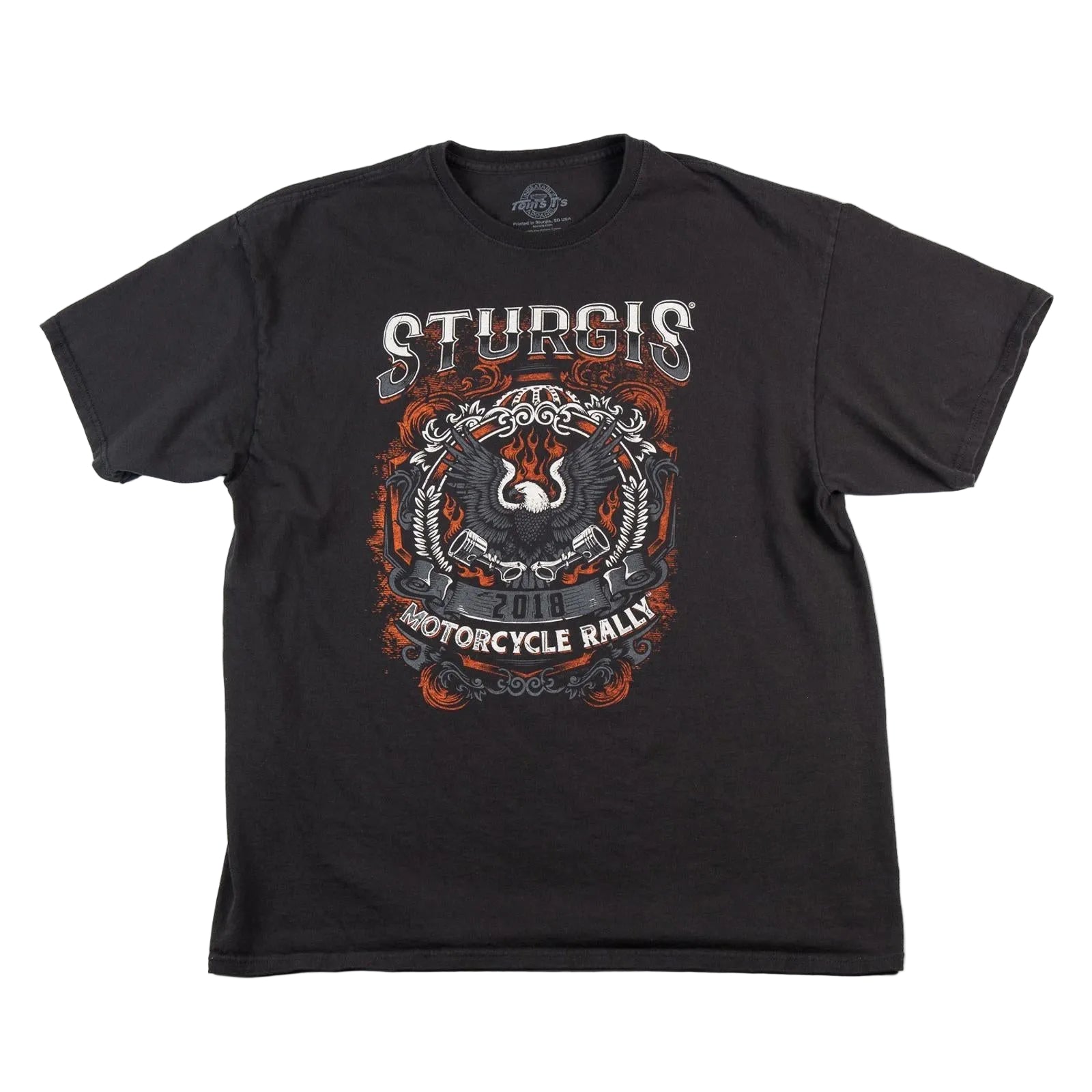 Black t-shirt with Sturgis Motorcycle Rally graphic on a white background