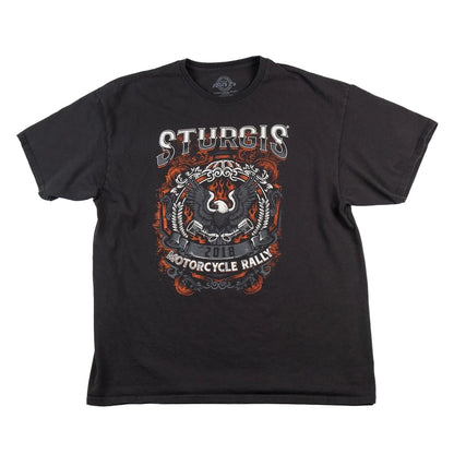 Black t-shirt with Sturgis Motorcycle Rally graphic on a white background