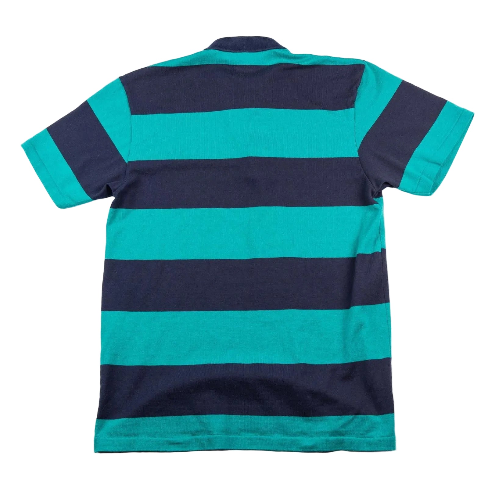 Back view of a blue and green striped polo shirt on a white background