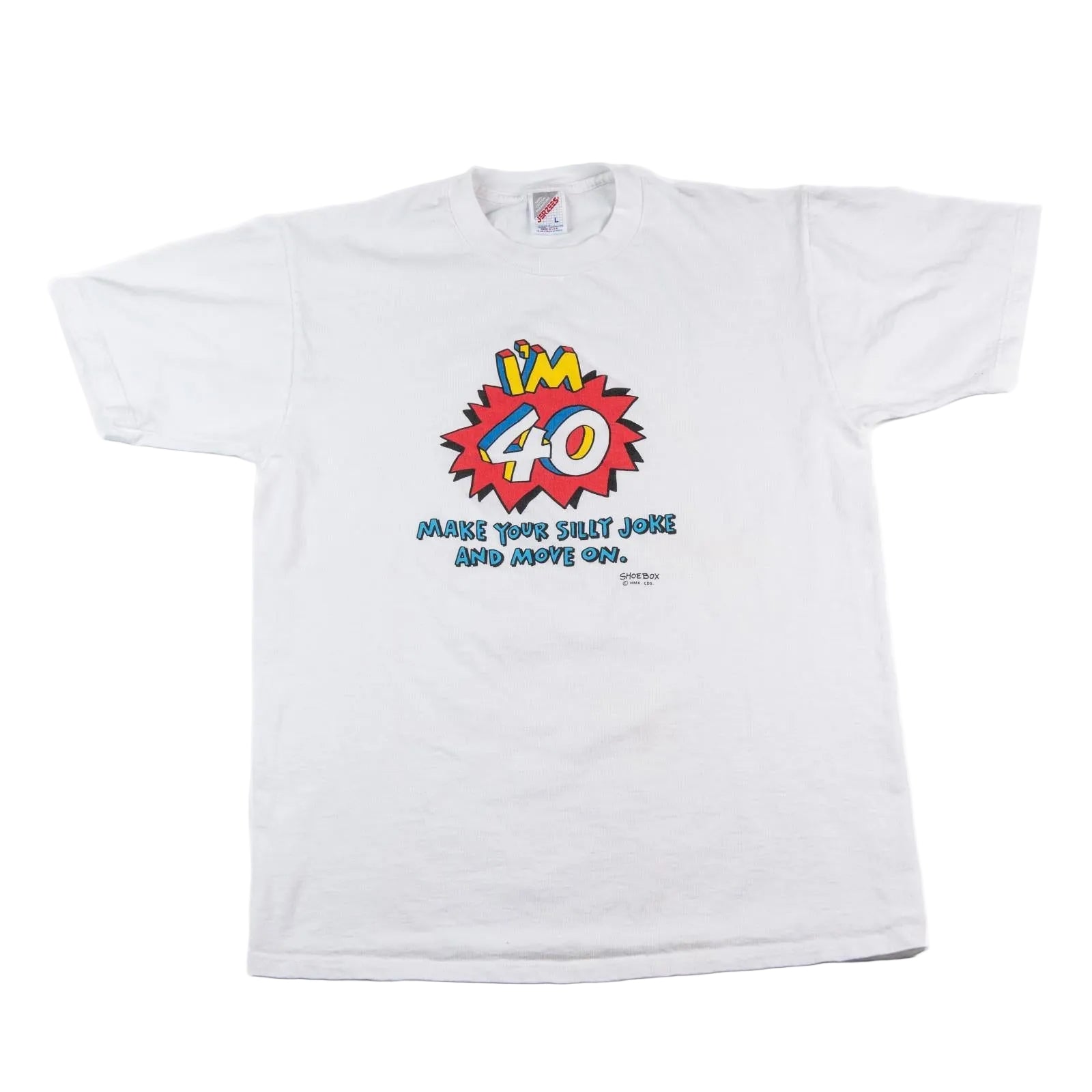 White t-shirt with colorful graphic design on a white background