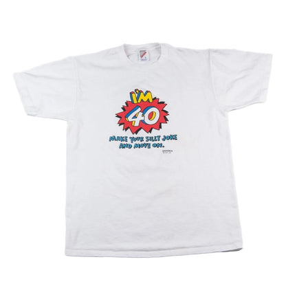 White t-shirt with colorful graphic design on a white background