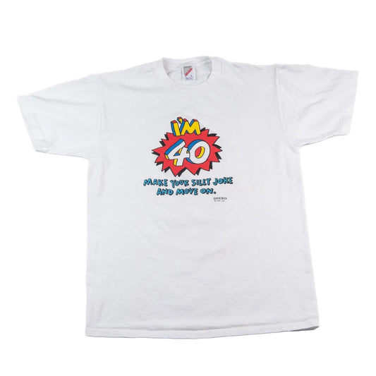 White t-shirt with colorful graphic design on a white background