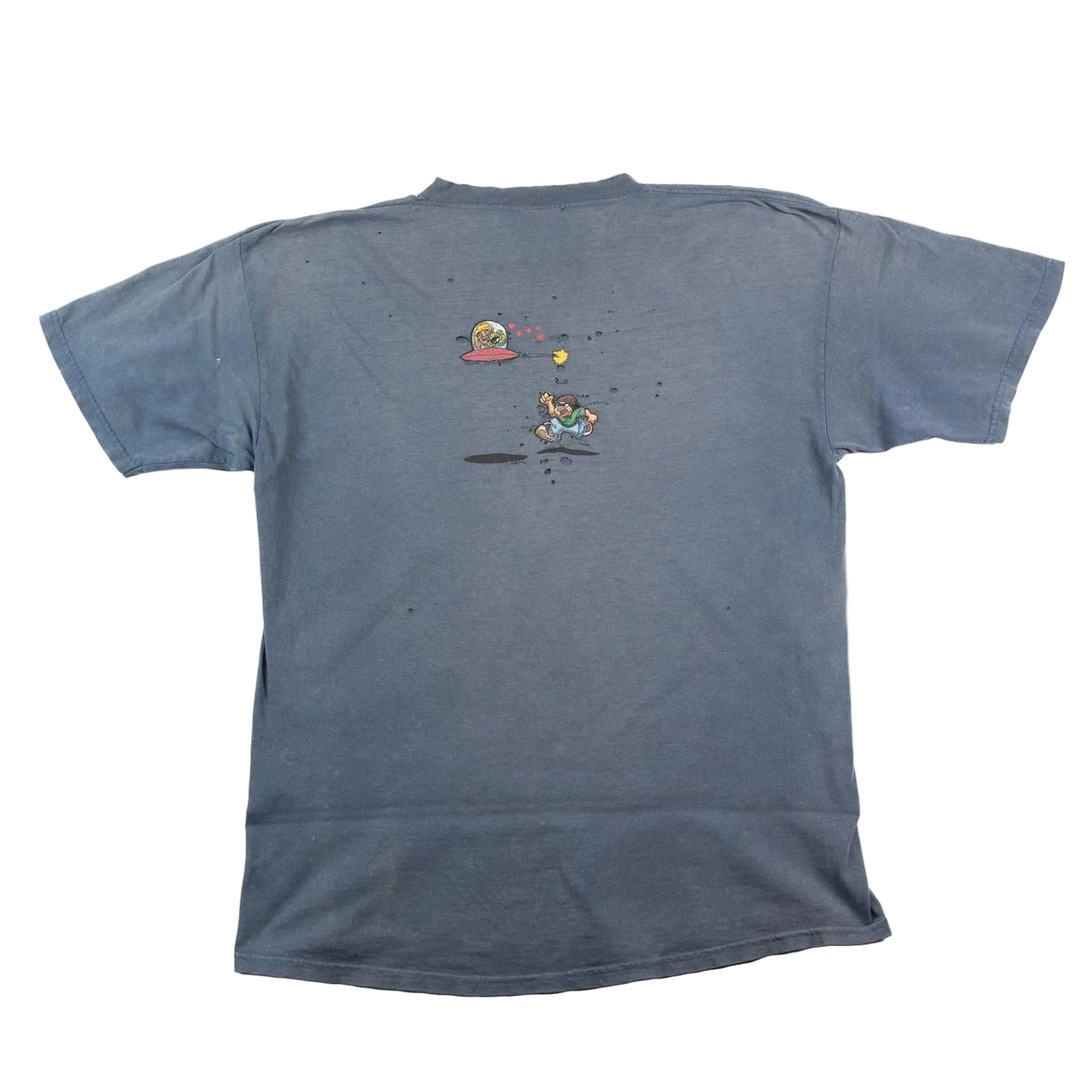 Blue t-shirt with a graphic design on the back against a white background