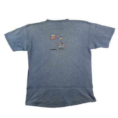 Blue t-shirt with a graphic design on the back against a white background