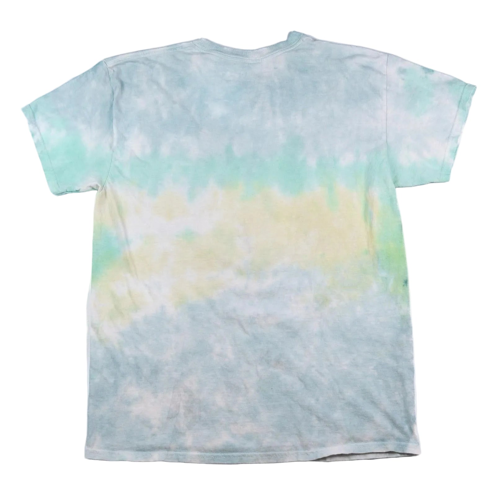 Tie-dye t-shirt with a gradient of blue, green, and yellow on a white background