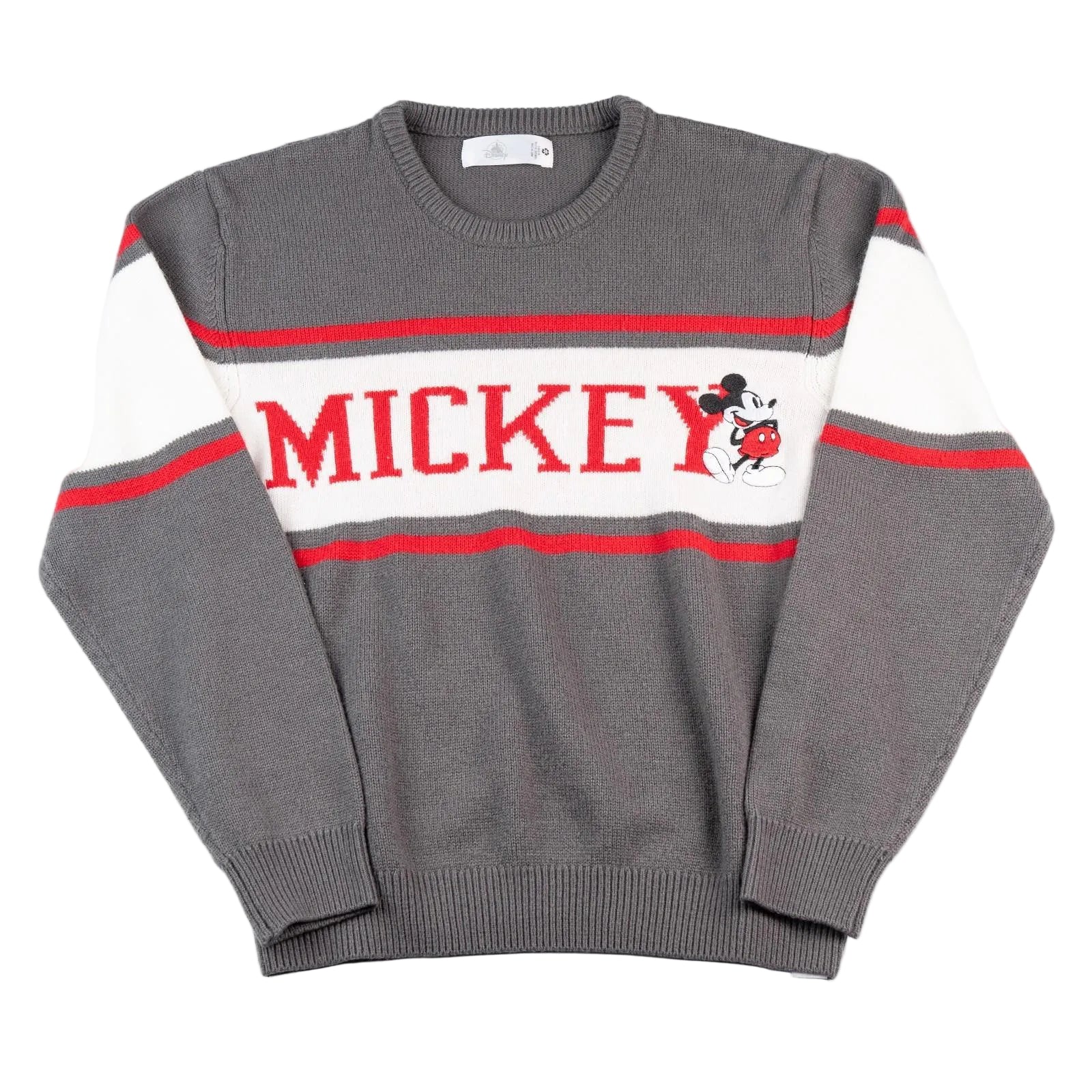 Gray sweater with 'MICKEY' text and logo on a white background