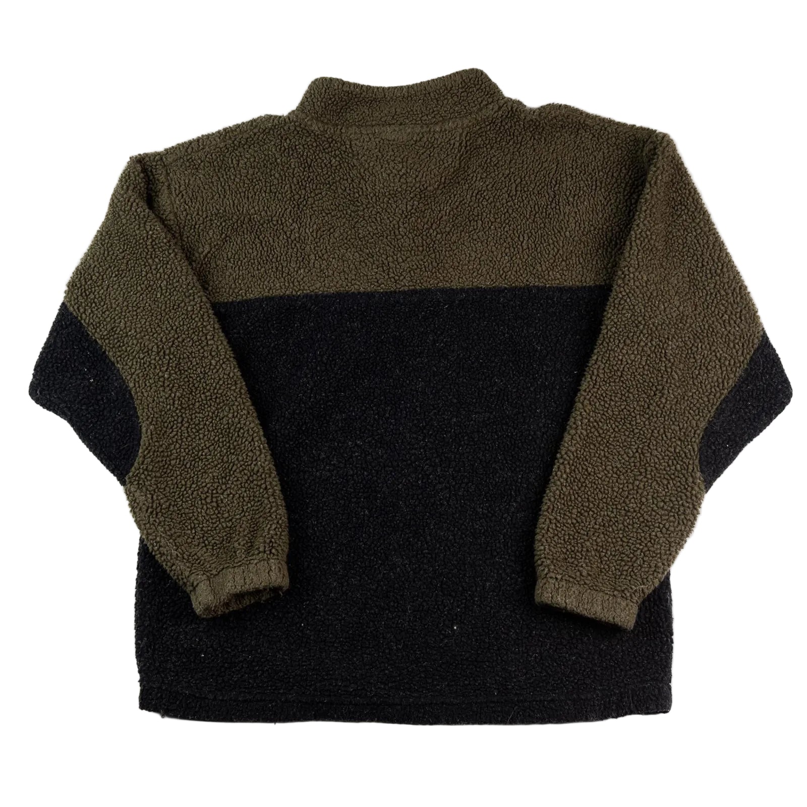 Back view of a two-tone fleece jacket with green and black colors on a white background