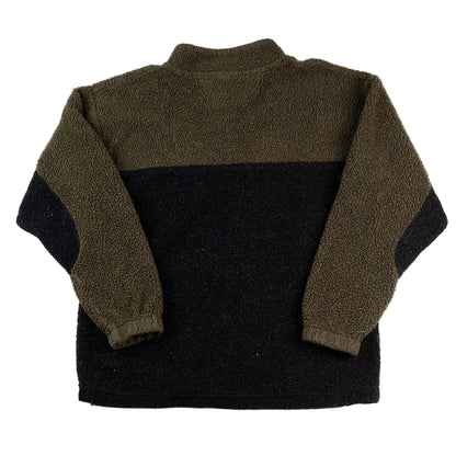 Back view of a two-tone fleece jacket with green and black colors on a white background