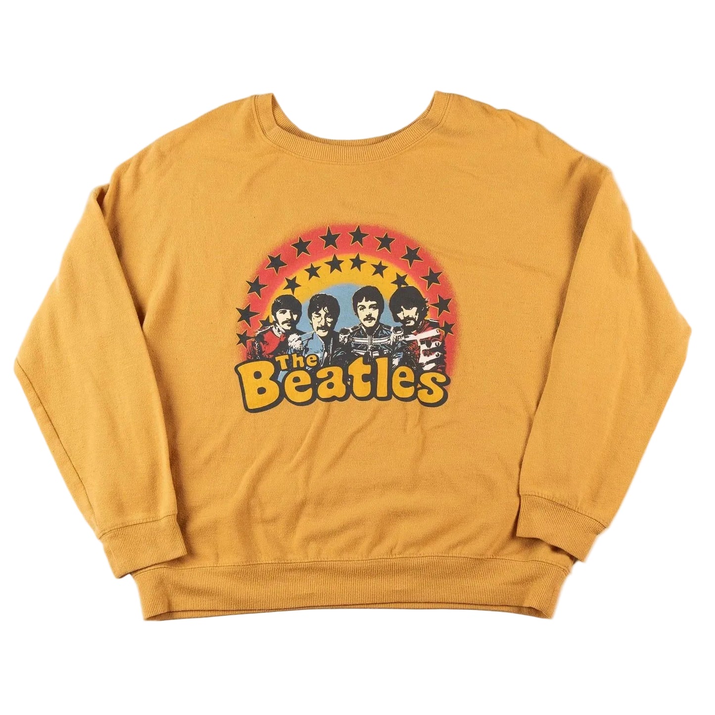 Yellow sweatshirt with The Beatles graphic on a white background