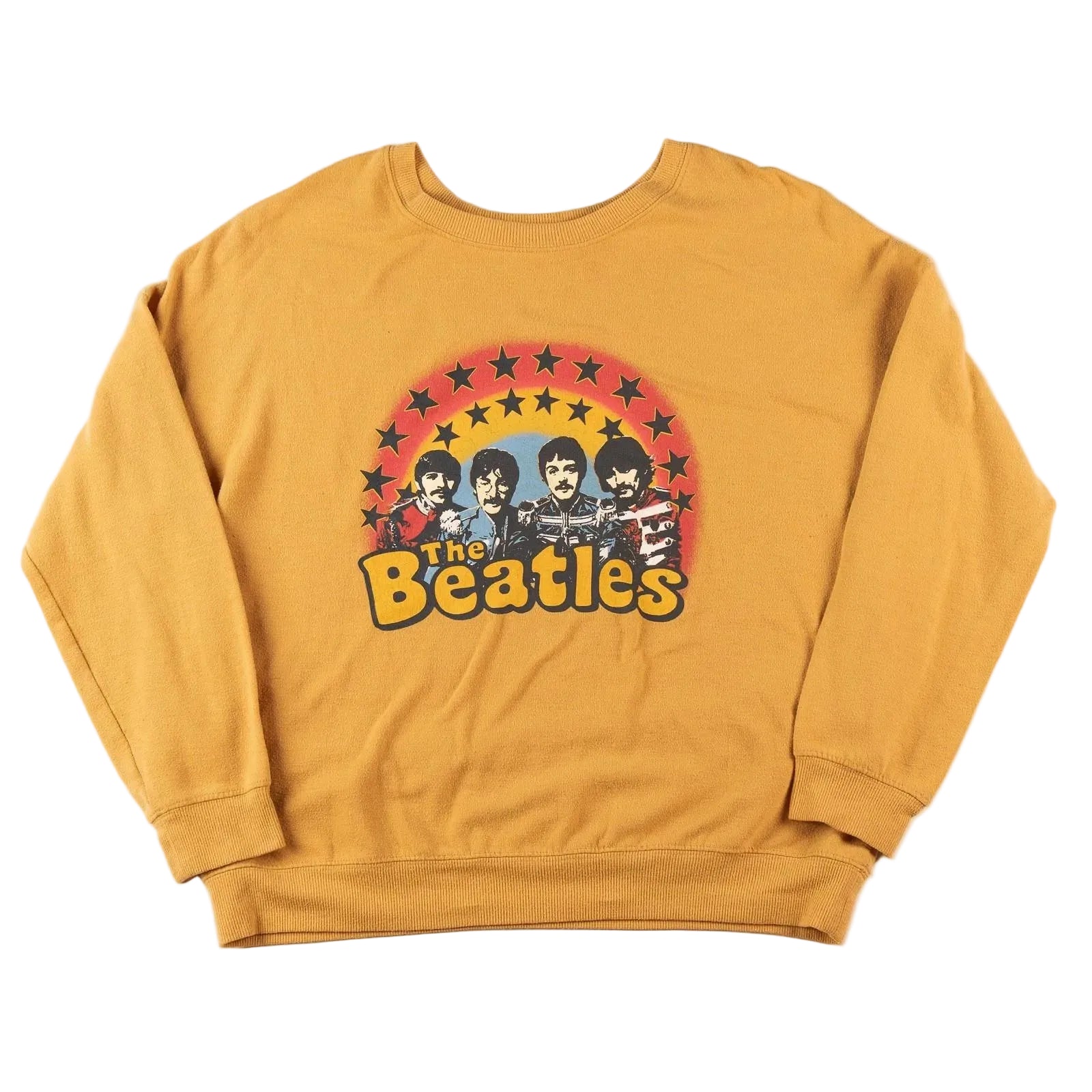 Yellow sweatshirt with The Beatles graphic on a white background