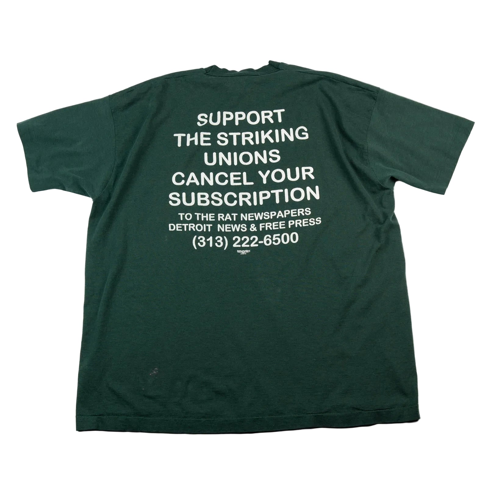 Green t-shirt with white text on a white background