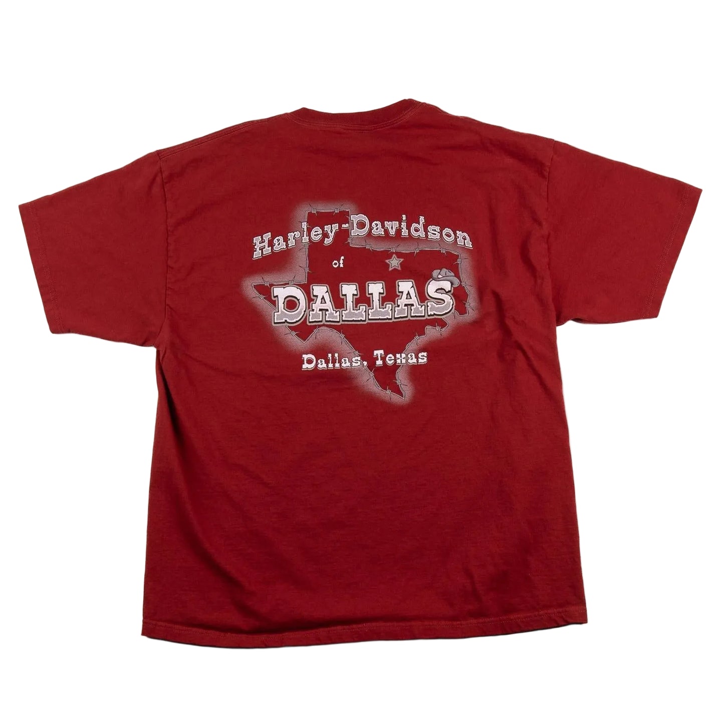 Red t-shirt with 'Harley Davidson of Dallas' print on a white background