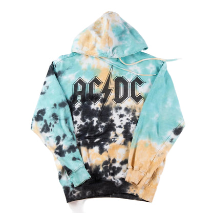 Tie-dye hoodie with AC/DC logo on a white background