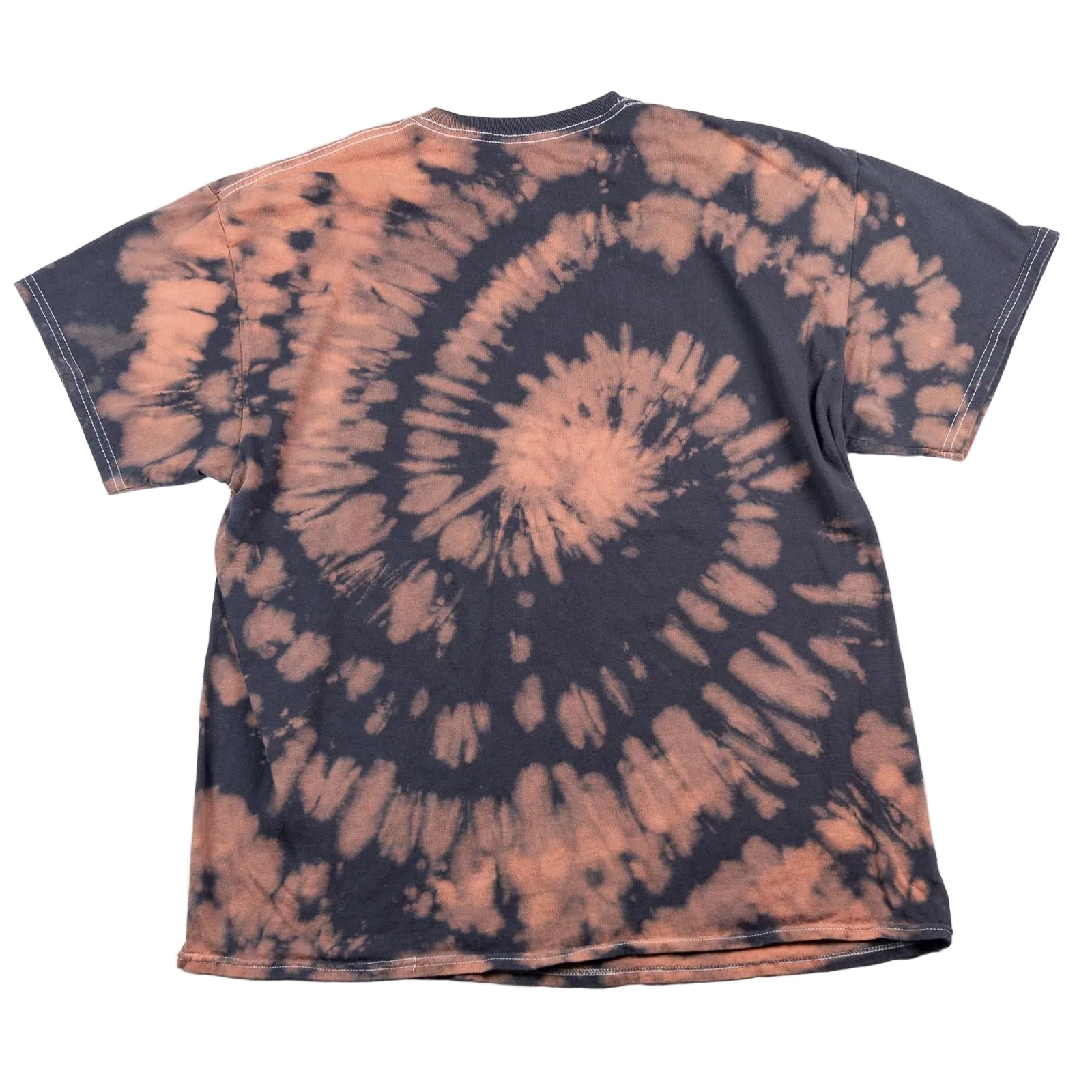 Tie-dye t-shirt with black and brown spiral pattern on a white background
