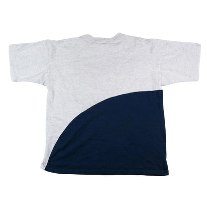 Gray t-shirt with a navy blue section on a white background
