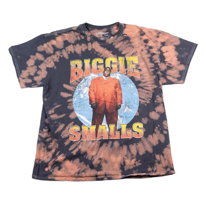 Tie-dye t-shirt with 'Biggie Smalls' graphic design on a white background