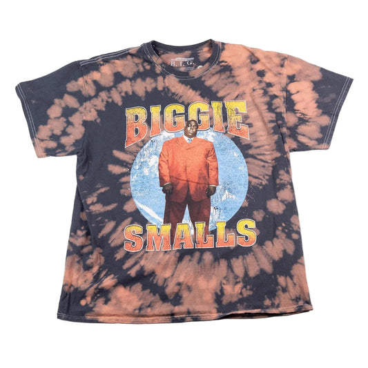 Tie-dye t-shirt with 'Biggie Smalls' graphic design on a white background