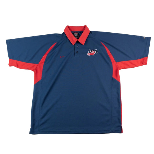 Blue and red polo shirt with 'USA' logo on a white background