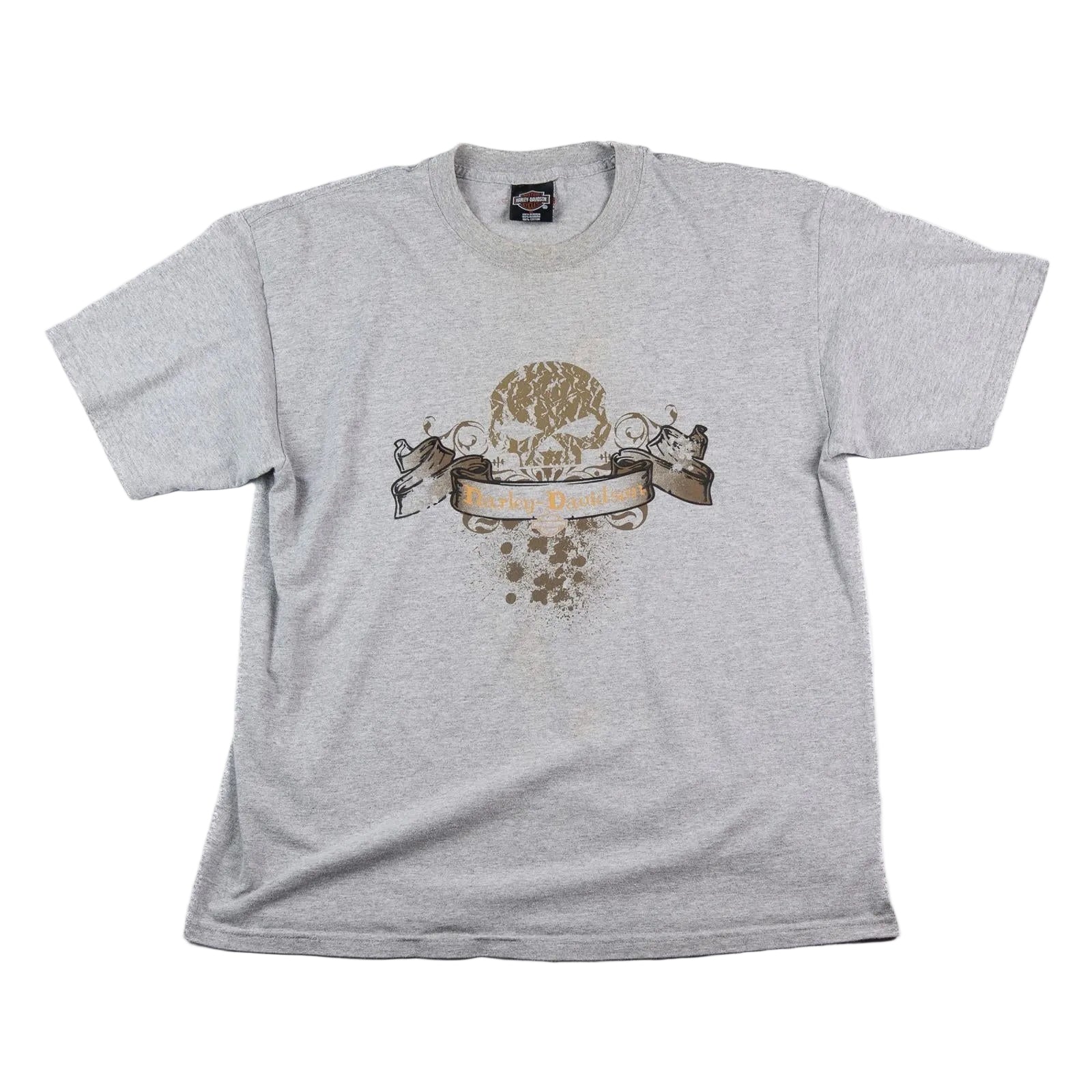 Gray t-shirt with a skull design and text on a white background