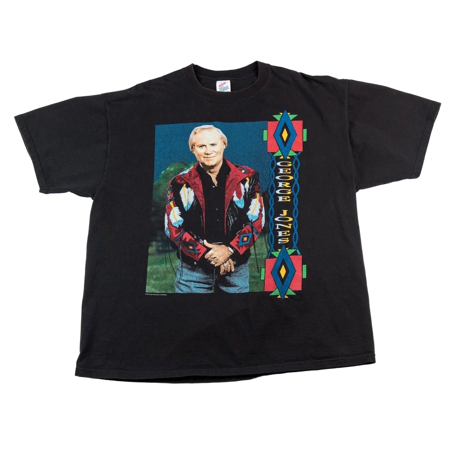Black t-shirt with a graphic of a person in a patterned jacket on a white background