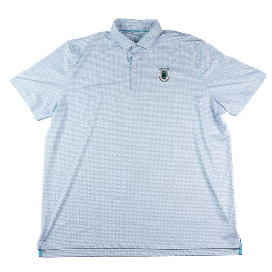 Light blue checkered polo shirt with a logo on a white background