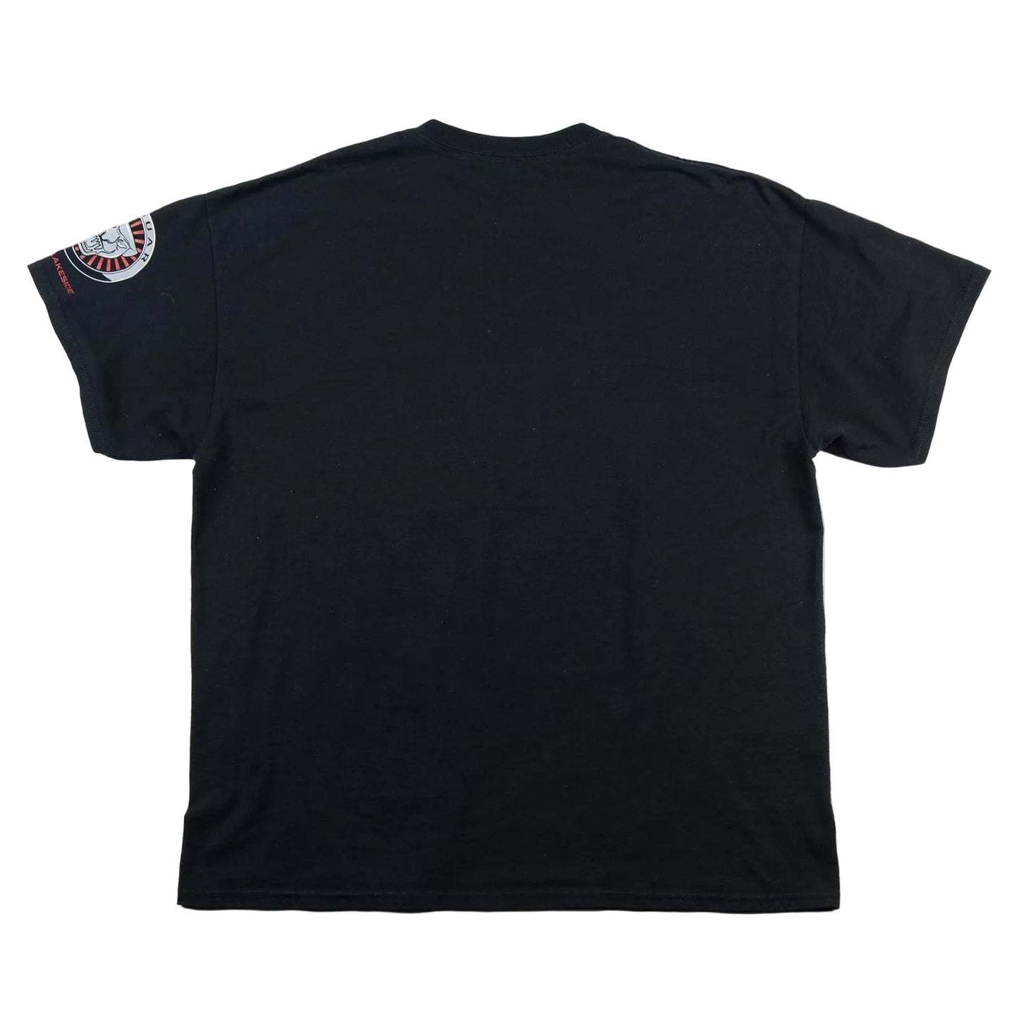 Black t-shirt with a patch on the sleeve against a white background